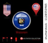 Round Silver Badge with Wisconsin US State Flag. Glossy Button Flag of Wisconsin. Round Icon of Wisconsin with Metal Frame. Pennant Flag of USA. Map Pointer - USA. Map Navigation Elements. Vector Art.