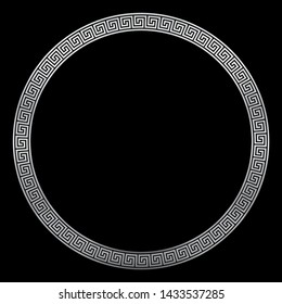 Round silver frame, ancient pattern, silver meander design with seamless greek pattern,  decorative border, constructed from continuous lines, shaped into a repeated motif. White background.
