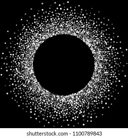 Round silver frame or border with glitter particles effect. Argent dust sparkling texture. Use for banner, greeting and Christmas card, postcard, wedding invitation. Vector illustration.