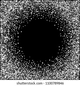 Round silver frame or border with glitter particles effect. Argent dust sparkling texture. Use for banner, greeting and Christmas card, postcard, wedding invitation. Vector illustration.