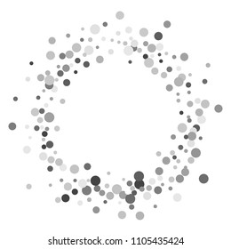 Round silver frame or border with glitter particles effect. Argent dust sparkling texture. Use for banner, greeting and Christmas card, postcard, wedding invitation. Vector illustration.