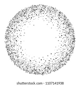 Round silver frame or border with glitter particles effect. Argent dust sparkling texture. Use for banner, greeting and Christmas card, postcard, wedding invitation. Vector illustration.