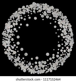 Round silver frame or border with glitter particles effect. Argent dust sparkling texture. Use for banner, greeting and Christmas card, postcard, wedding invitation. Vector illustration.
