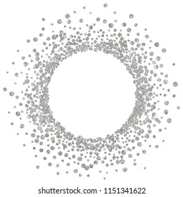 Round silver frame or border with glitter particles effect. Argent dust sparkling texture. Use for banner, greeting and Christmas card, postcard, wedding invitation. Vector illustration.