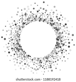 Round silver frame or border with glitter particles effect. Argent dust sparkling texture. Use for banner, greeting and Christmas card, postcard, wedding invitation. Vector illustration.