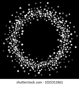 Round silver frame or border of random scatter clover leaves with tails. Elegant St. Patricks day design for festive banner, greeting card, postcard, invitation, flyer, poster. Vector illustration.