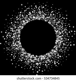 Round silver frame or border of random scatter platinum stars on black background. Design element for festive banner, birthday and greeting card, postcard, wedding invitation. Vector illustration