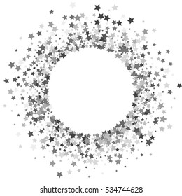 Round silver frame or border of random scatter platinum stars on white background. Design element for festive banner, birthday and greeting card, postcard, wedding invitation. Vector illustration
