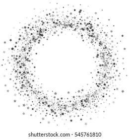 Round silver frame or border of random scatter platinum stars on white background. Design element for festive banner, birthday and greeting card, postcard, wedding invitation. Vector illustration.