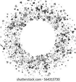 Round silver frame or border of random scatter hearts. Design element for festive banner, greeting card, postcard, wedding invitation, Valentines day and save the date card. Vector illustration.