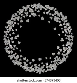 Round silver frame or border of random scatter hearts. Design element for festive banner, greeting card, postcard, wedding invitation, Valentines day and save the date card. Vector illustration.