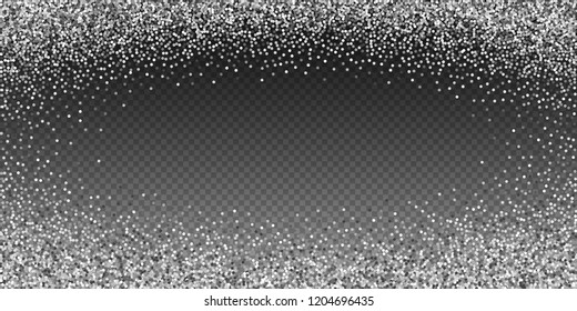 Round silver glitter luxury sparkling confetti. Scattered small gold particles on transparent background. Extraordinary festive overlay template. Incredible vector illustration.