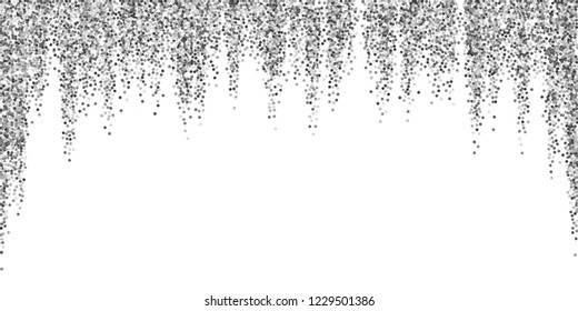 Round silver glitter luxury sparkling confetti. Scattered small gold particles on white background. Beauteous festive overlay template. Captivating vector illustration.
