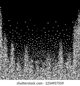 Round silver glitter luxury sparkling confetti. Scattered small gold particles on black background. Adorable festive overlay template. Fetching vector illustration.