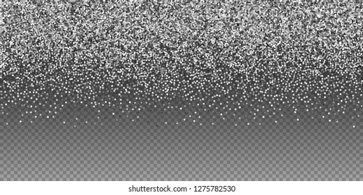 Round silver glitter luxury sparkling confetti. Scattered small gold particles on transparent background. Breathtaking festive overlay template. Magnificent vector illustration.