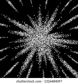 Round silver glitter luxury sparkling confetti. Scattered small gold particles on black background. Admirable festive overlay template. Lovely vector illustration.