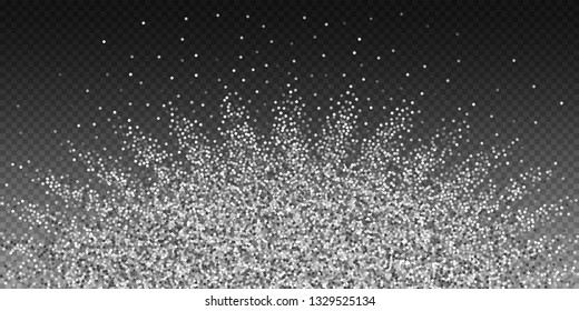 Round silver glitter luxury sparkling confetti. Scattered small gold particles on transparent background. Authentic festive overlay template. Surprising vector illustration.