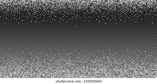 Round silver glitter luxury sparkling confetti. Scattered small gold particles on transparent background. Artistic festive overlay template. Unusual vector illustration.