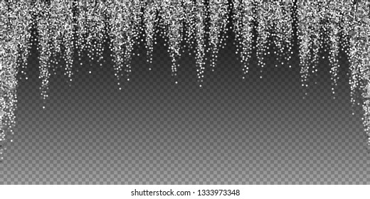 Round silver glitter luxury sparkling confetti. Scattered small gold particles on transparent background. Beauteous festive overlay template. Brilliant vector illustration.