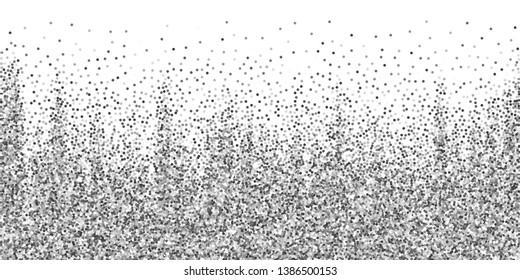 Round silver glitter luxury sparkling confetti. Scattered small gold particles on white background. Beautiful festive overlay template. Shapely vector illustration.