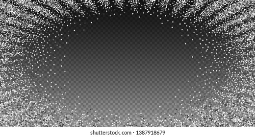 Round silver glitter luxury sparkling confetti. Scattered small gold particles on transparent background. Extraordinary festive overlay template. Unusual vector illustration.
