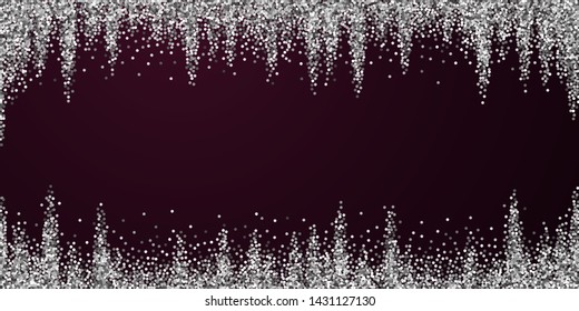 Round silver glitter luxury sparkling confetti. Scattered small gold particles on red maroon background. Bewitching festive overlay template. Decent vector illustration.