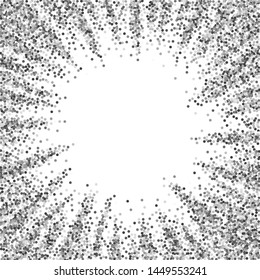 Round silver glitter luxury sparkling confetti. Scattered small gold particles on white background. Appealing festive overlay template. Overwhelming vector illustration.