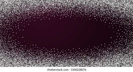 Round silver glitter luxury sparkling confetti. Scattered small gold particles on red maroon background. Extraordinary festive overlay template. Impressive vector illustration.