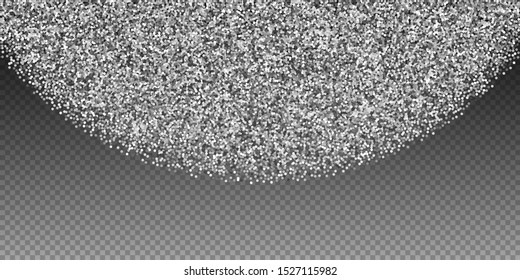 Round silver glitter luxury sparkling confetti. Scattered small particles on transparent background. Captivating festive overlay template. Surprising vector illustration.