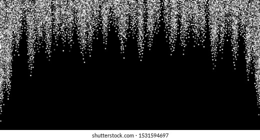 Round silver glitter luxury sparkling confetti. Scattered small gold particles on black background. Beauteous festive overlay template. Bold vector illustration.