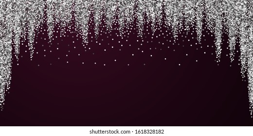 Round silver glitter luxury sparkling confetti. Scattered small gold particles on red maroon background. Beauteous festive overlay template. Wonderful vector illustration.