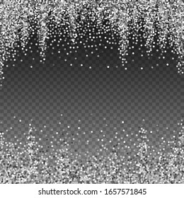 Confeti lujoso espumoso de plata redonda. Pequeñas partículas de oro dispersas sobre fondo transparente. Plantilla de superposición festiva viva. Ilustración vectorial extática.