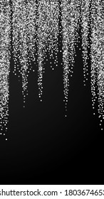 Round silver glitter luxury sparkling confetti. Scattered small gold particles on black background. Enchanting festive overlay template. Fresh vector background.
