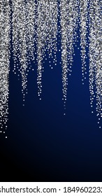 Round silver glitter luxury sparkling confetti. Scattered small gold particles on dark blue background. Enchanting festive overlay template. Glamorous vector background.