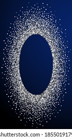 Round silver glitter luxury sparkling confetti. Scattered small gold particles on dark blue background. Ecstatic festive overlay template. Bewitching vector background.