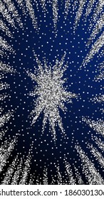 Round silver glitter luxury sparkling confetti. Scattered small gold particles on dark blue background. Elegant festive overlay template. Excellent vector background.
