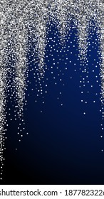 Round silver glitter luxury sparkling confetti. Scattered small gold particles on dark blue background. Eminent festive overlay template. Mesmeric vector background.