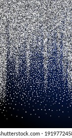 Round silver glitter luxury sparkling confetti. Scattered small gold particles on dark blue background. Enchanting festive overlay template. Classy vector background.