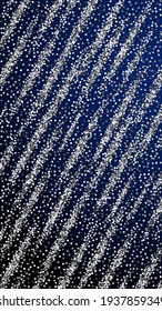 Round silver glitter luxury sparkling confetti. Scattered small gold particles on dark blue background. Emotional festive overlay template. Uncommon vector background.