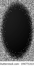 Round silver glitter luxury sparkling confetti. Scattered small gold particles on black background. Dramatic festive overlay template. Splendid vector background.