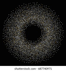 Round silver and gold sparkle frame or border of random scatter golden and silvery circles, squares, stars, triangles and pentagons isolated on black.