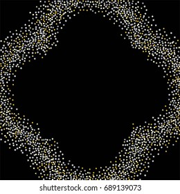 Round silver and gold sparkle frame or border of random scatter golden and silvery circles, squares, stars, triangles and pentagons isolated on black.