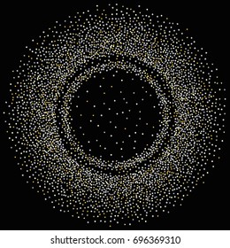 Round silver and gold sparkle frame or border of random scatter golden and silvery circles, squares, stars, triangles and pentagons isolated on black.