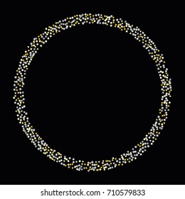Round silver and gold sparkle frame or border of random scatter golden and silvery circles, squares, stars, triangles and pentagons isolated on black.