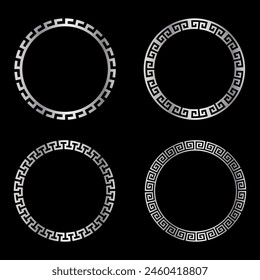 Llaveros griegos redondos plateados.  Patrón de clave griega sin fisuras diferentes marcos. Conjunto de bordes de serpentín de círculo.