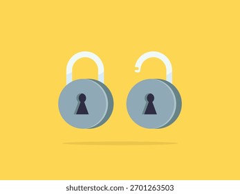 Candados redondos de plata, uno bloqueado y otro desbloqueado. Vector de seguridad plana para un Inicio de sesión exitoso y seguridad de datos