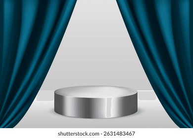 Round silver podium against the background of blue curtains. Can be used for product demonstration. Realistic vector illustration.