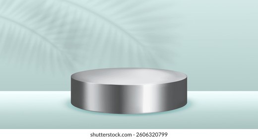 Round silver podium, isolated on white background. Can be used for product demonstration. Realistic vector illustration.