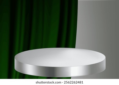 Round silver podium or table with green curtain in the background against grey wall. Can be used for product demonstration. Realistic vector illustration