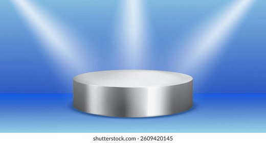 Round silver podium under bright spotlights on blue background. Can be used for product demonstration. Realistic vector illustration.